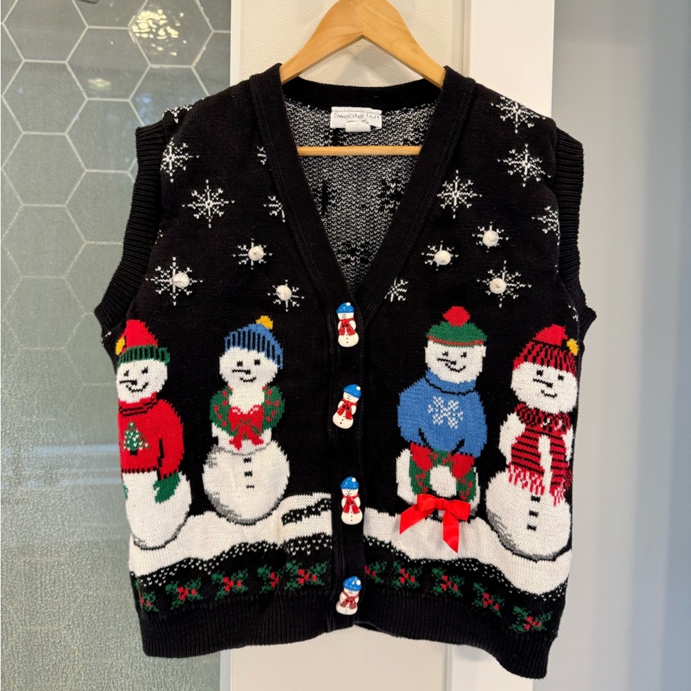 Sweater Loft Christmas Sweater Vest Vintage Button Snowmen Snowflakes